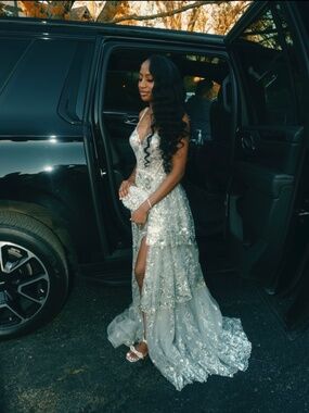 SILVER SLIT LEG PROM DRESS + PURSE